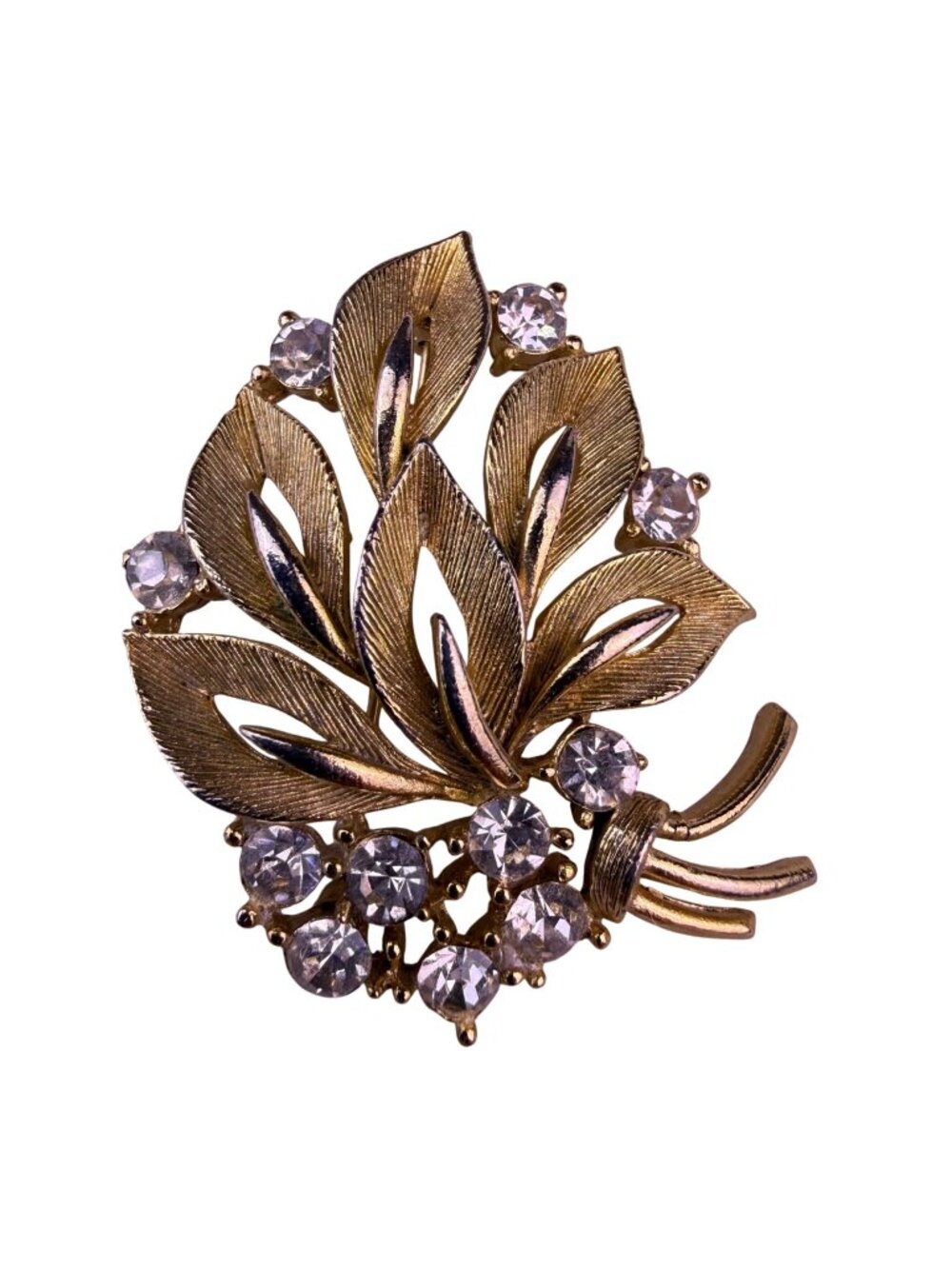 Lisner Womens Gold Tone Rhinestone Brooch Leaf Design Floral Jewelry Signed